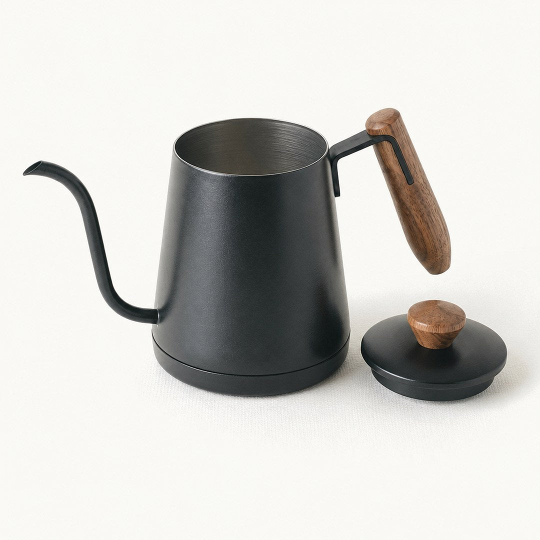 Gooseneck kettle with the lid off showing the opening and spout curve