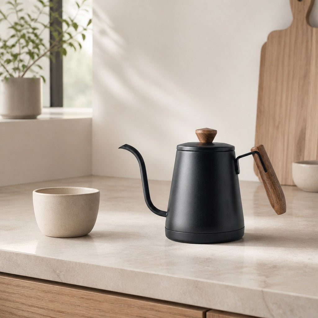 Gooseneck kettle on a counter beside a stoneware cup