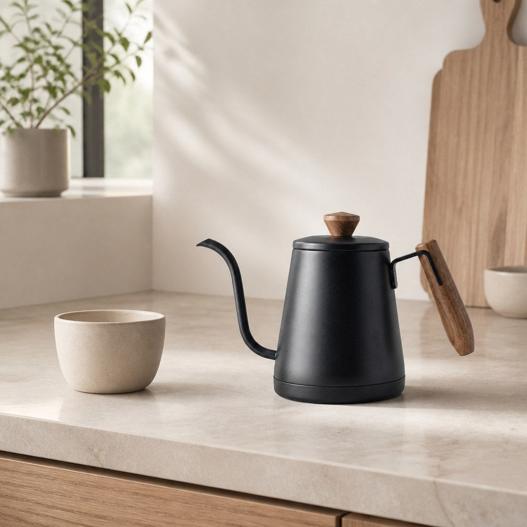Gooseneck kettle on a counter beside a stoneware cup