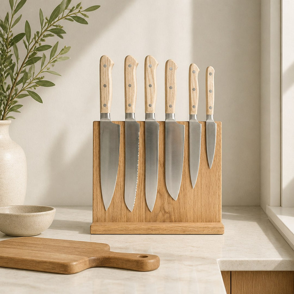 Knife block set on a kitchen counter beside a cutting board