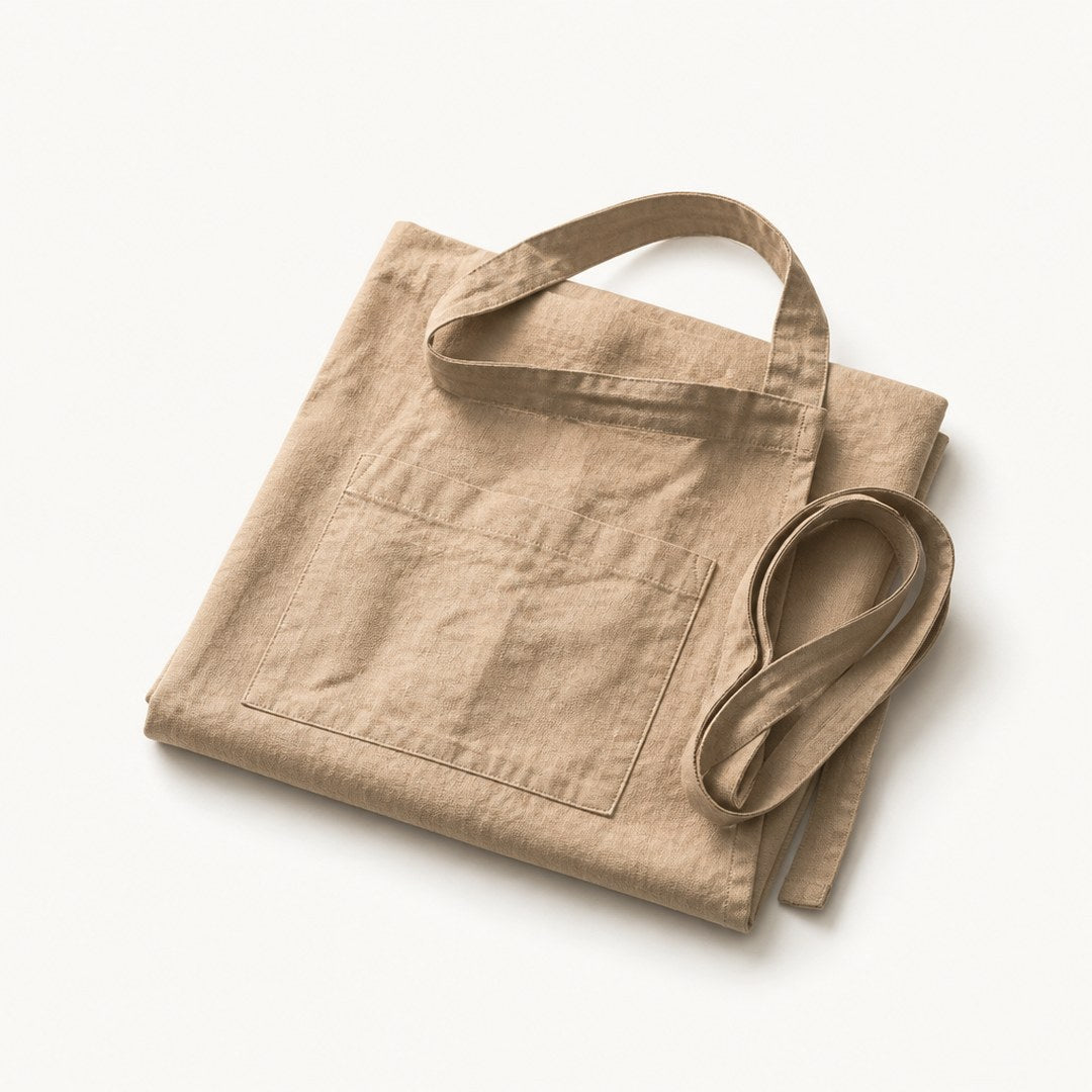 Linen apron folded showing the ties, pocket and linen texture