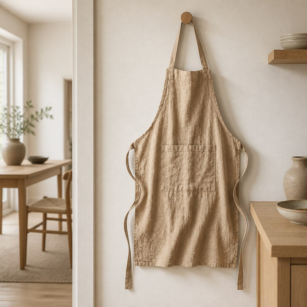 Linen apron hanging on a wooden peg in a kitchen