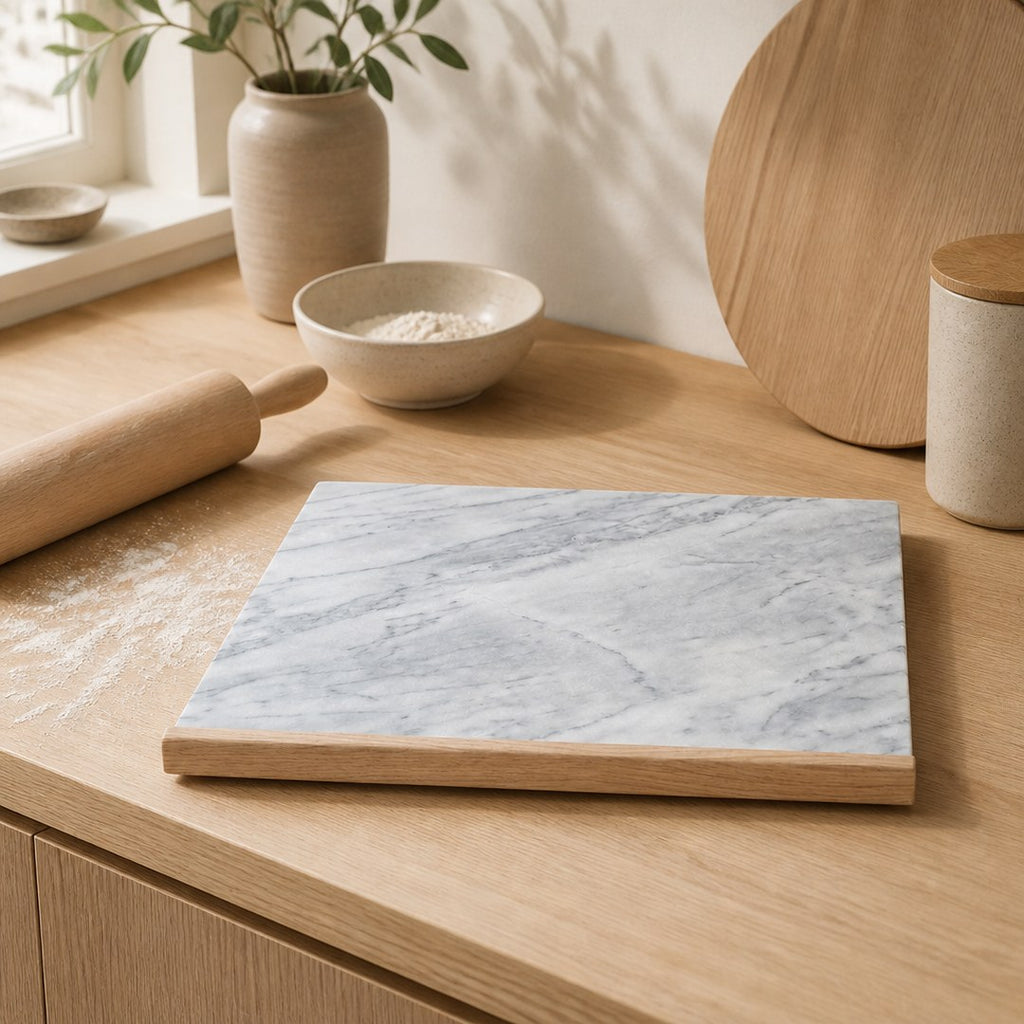 Marble pastry board on a kitchen counter with a rolling pin