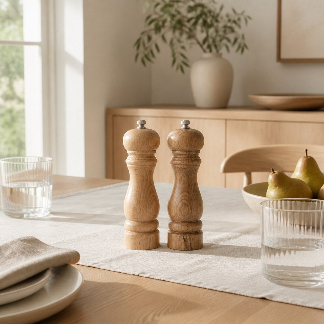 Beech salt and pepper mills on a set dining table