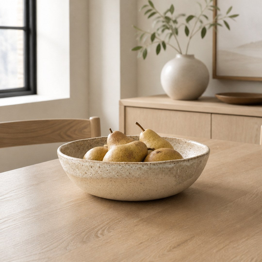 Large serving bowl as a centrepiece on an oak dining table