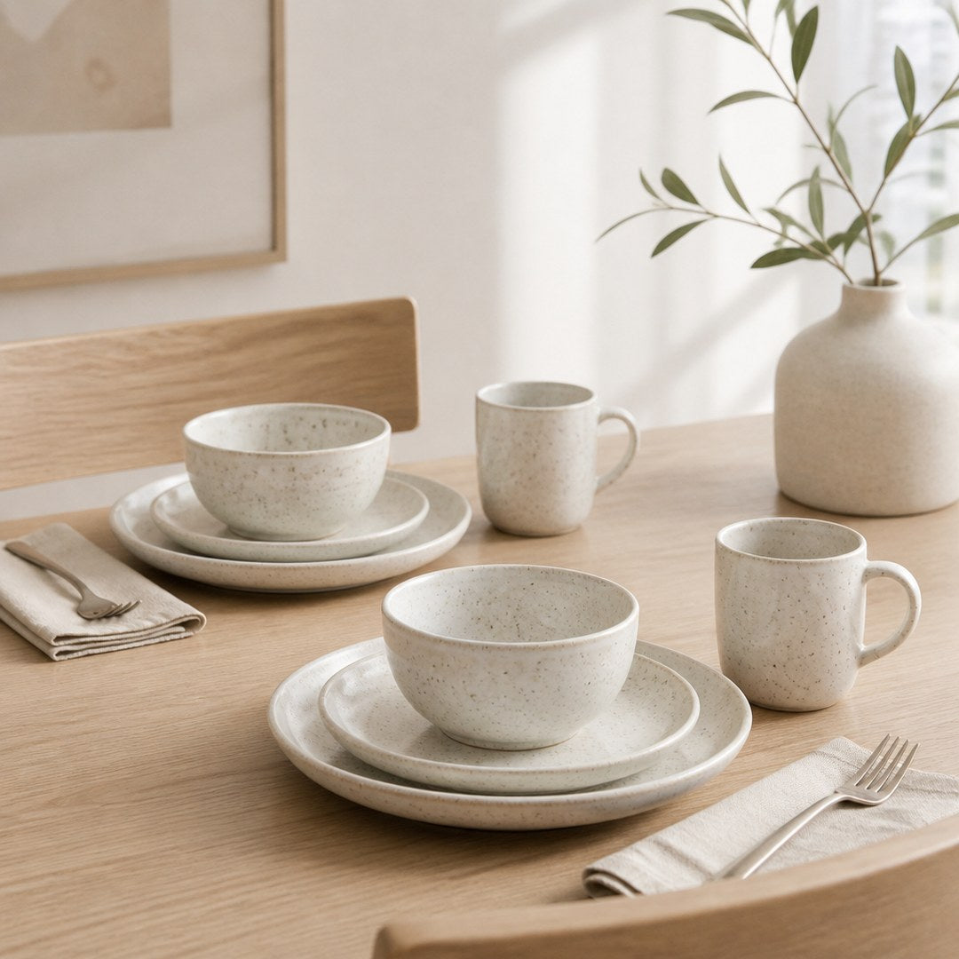 Stoneware dinner set on an oak table set for two