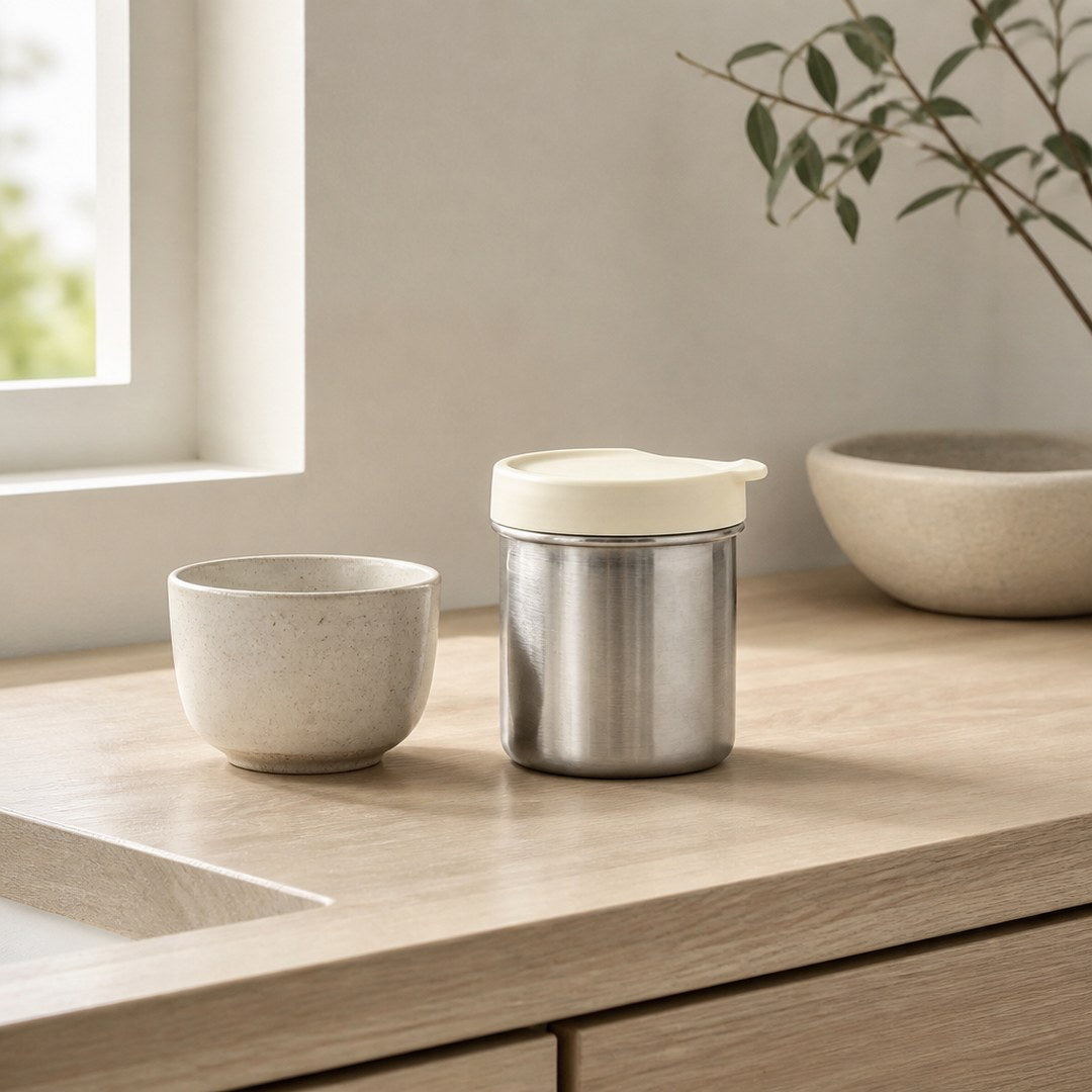 Airtight tea canister on a counter next to a teacup