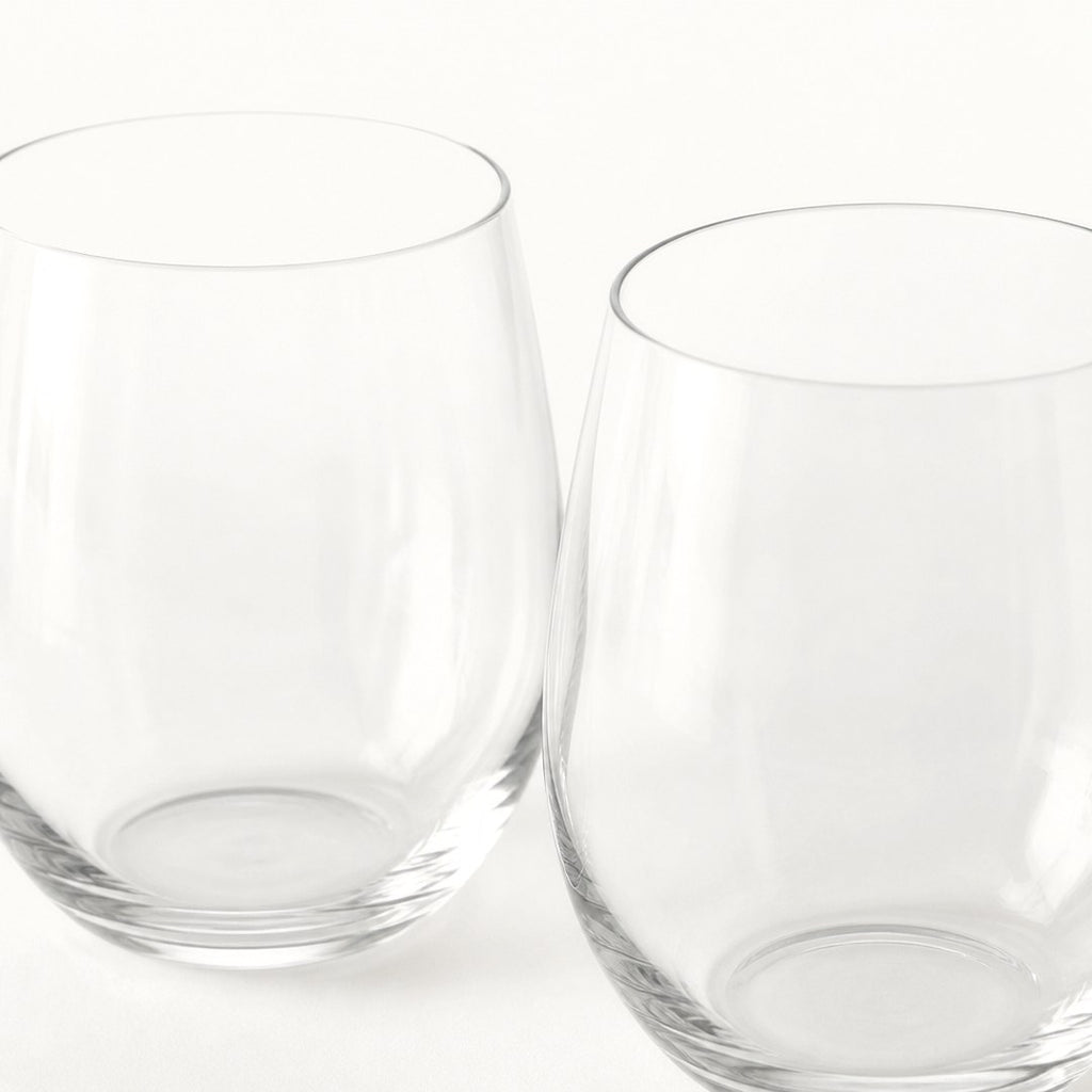 Stemless wine glasses close-up showing the rim and thick base