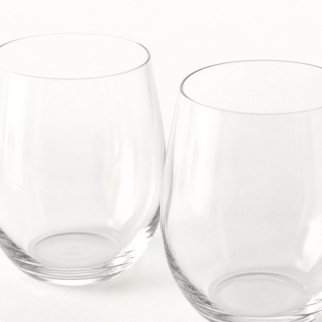 Stemless wine glasses close-up showing the rim and thick base