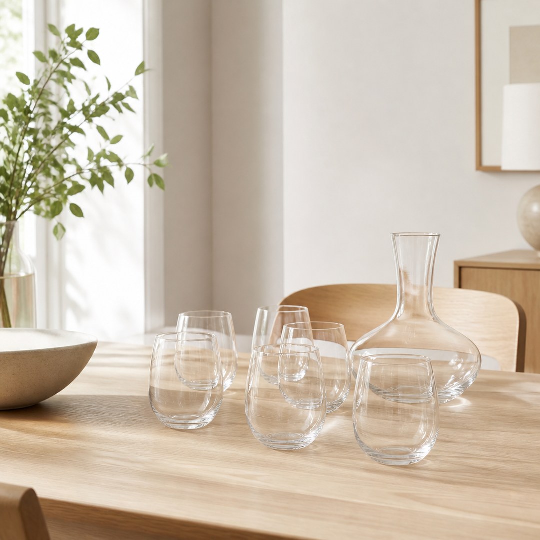 Stemless wine glasses on an oak table beside a decanter