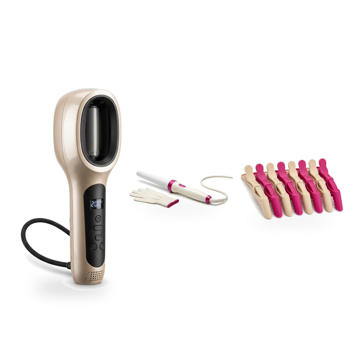 Auto curler, tapered curling wand and sectioning clips