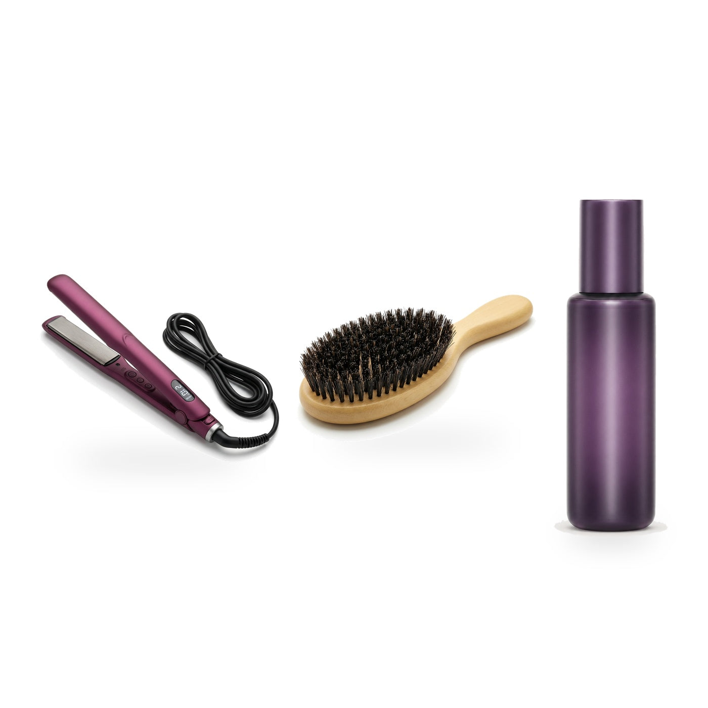Titanium straightener, boar bristle brush and heat protectant spray