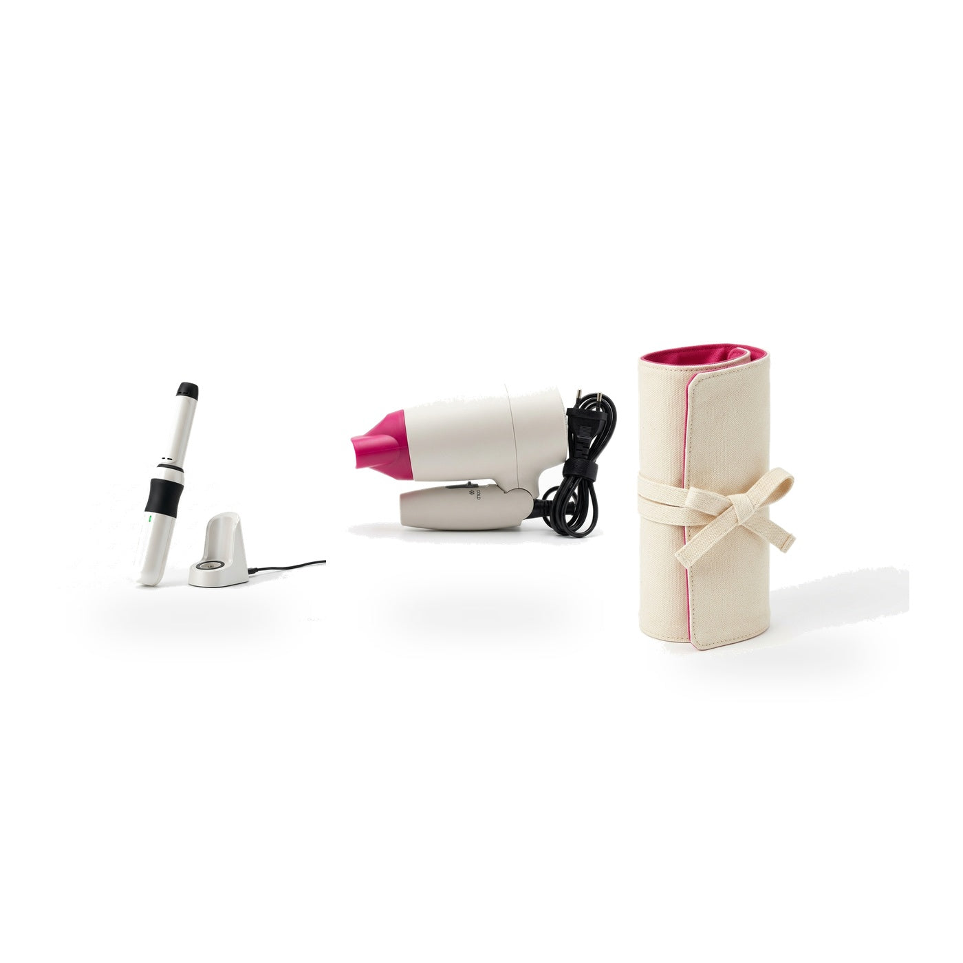 Cordless styling wand, folding travel dryer and roll case