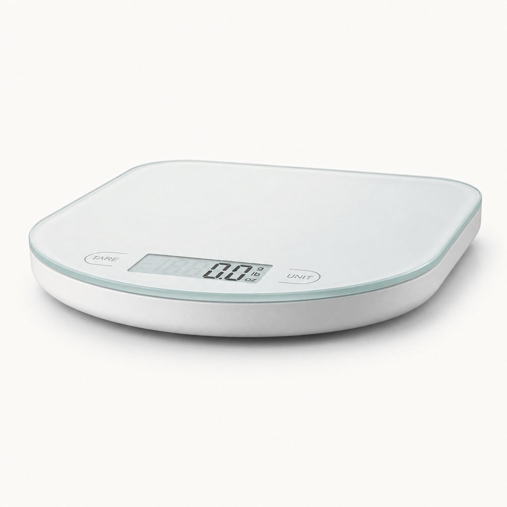 Precision kitchen scale seen from a low angle showing its slim profile