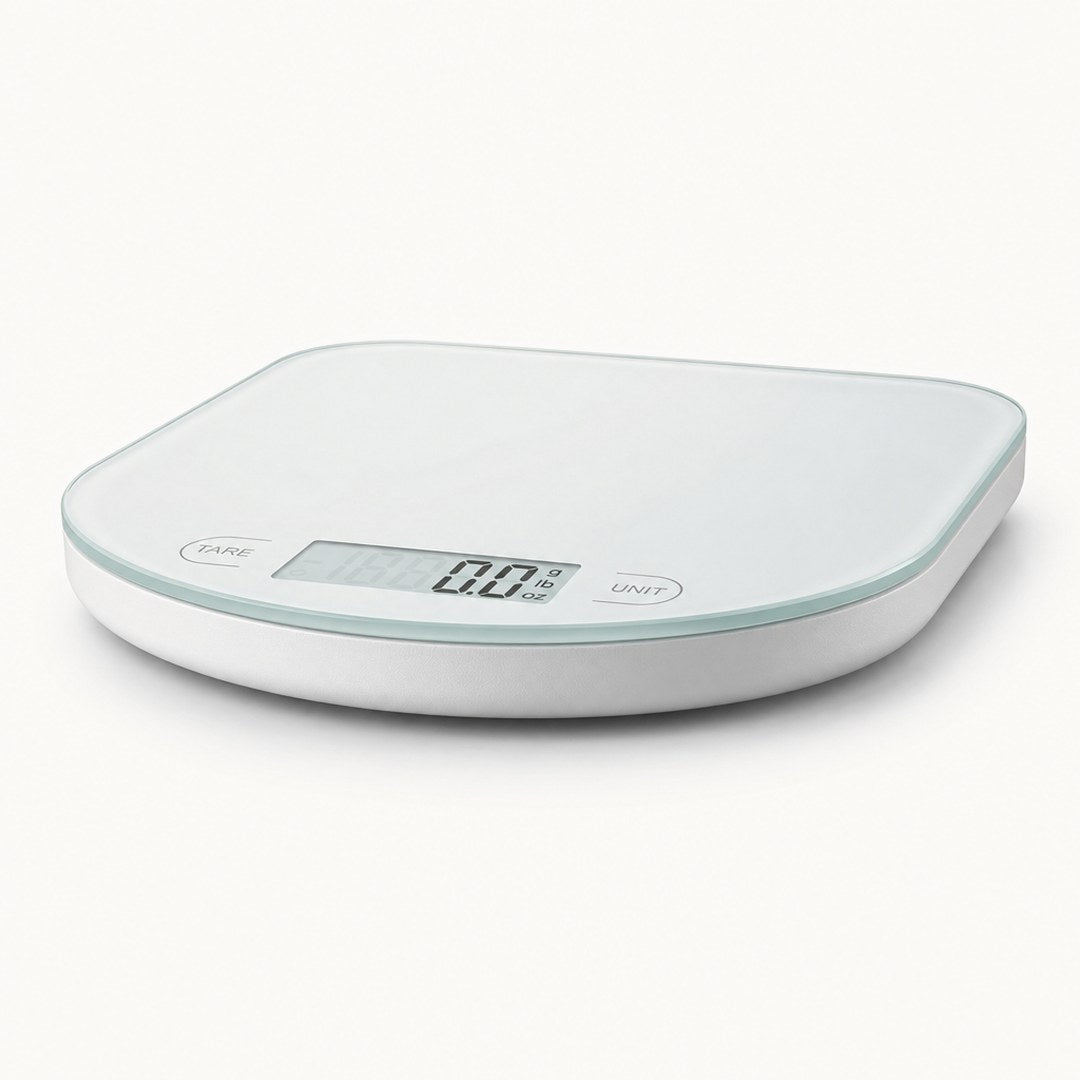 Precision kitchen scale seen from a low angle showing its slim profile