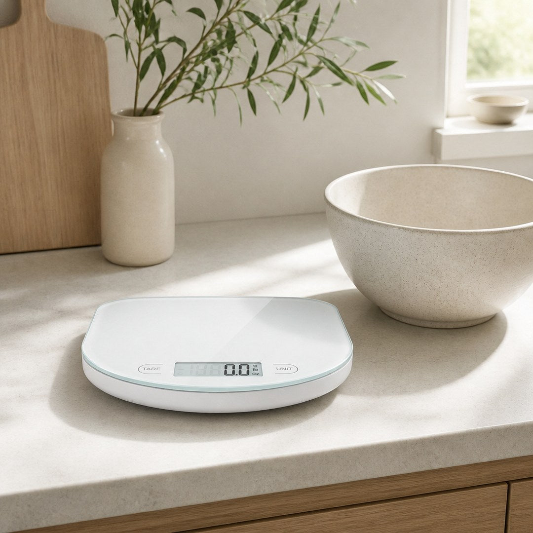 Precision kitchen scale on a counter with a mixing bowl