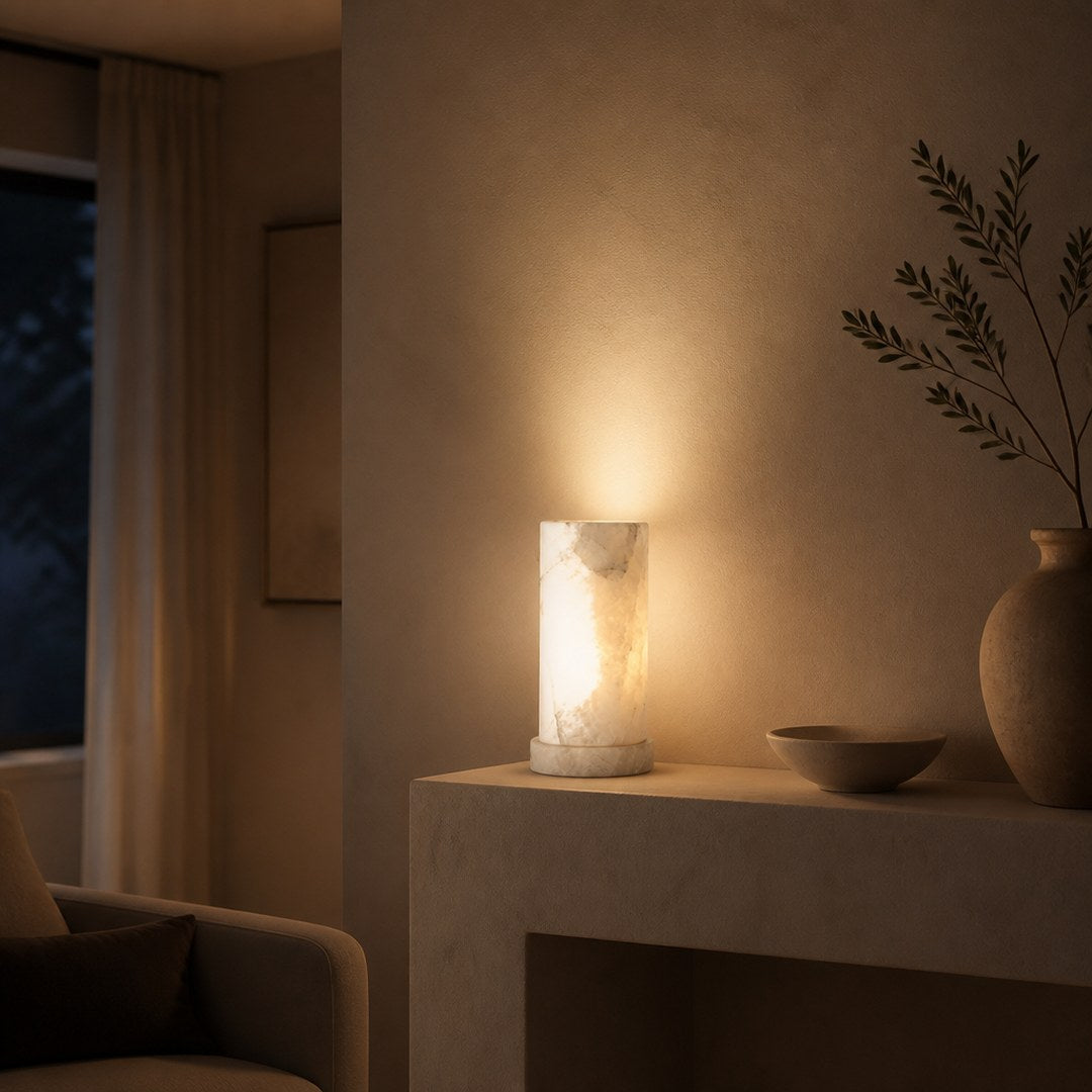 Alabaster Uplight on a mantelpiece