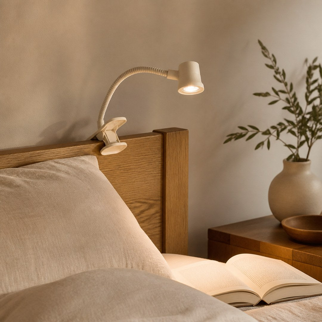Clip Reading Lamp clipped to a headboard