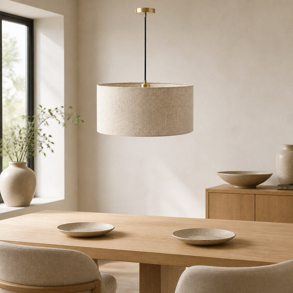 Linen Drum Pendant above an oak dining table