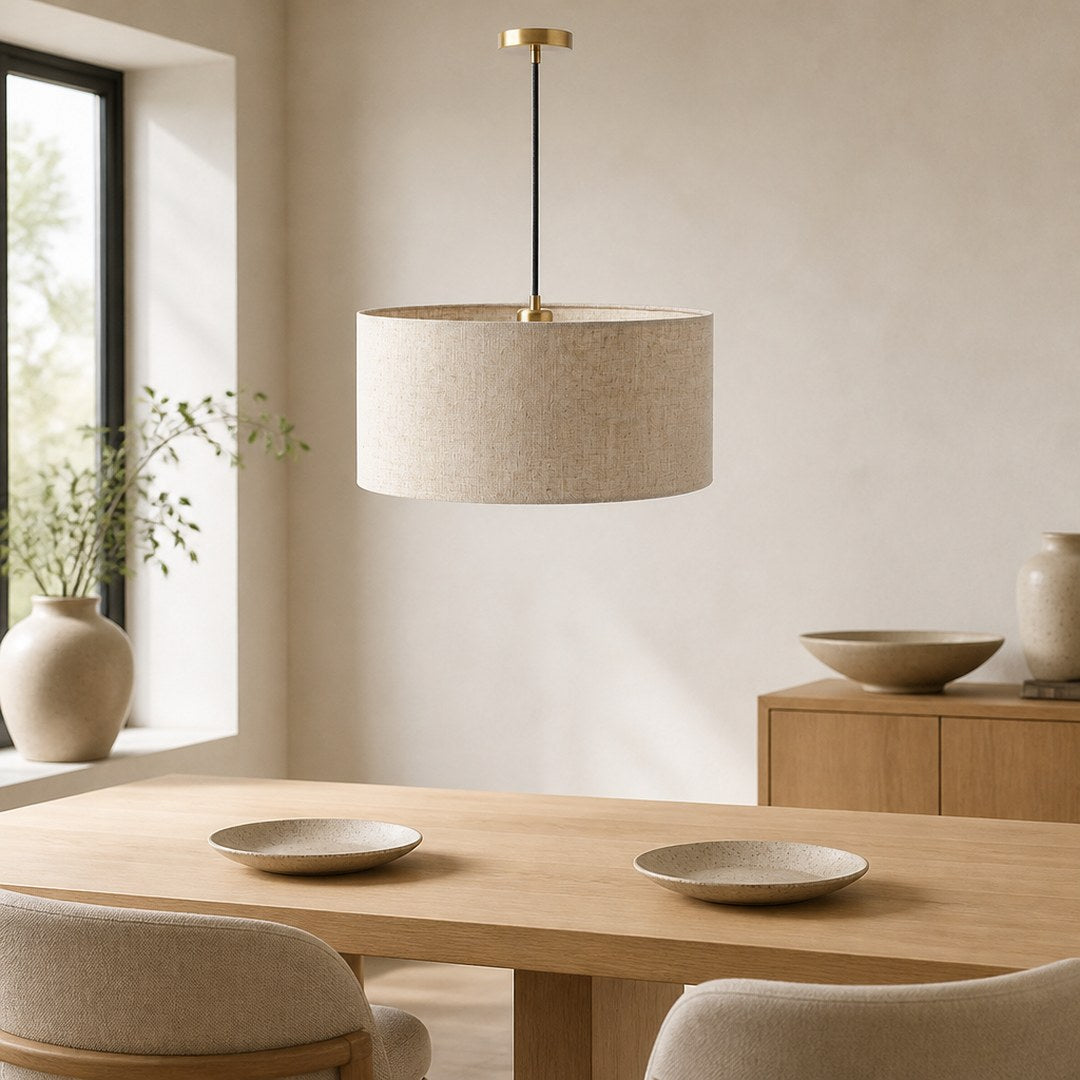 Linen Drum Pendant above an oak dining table