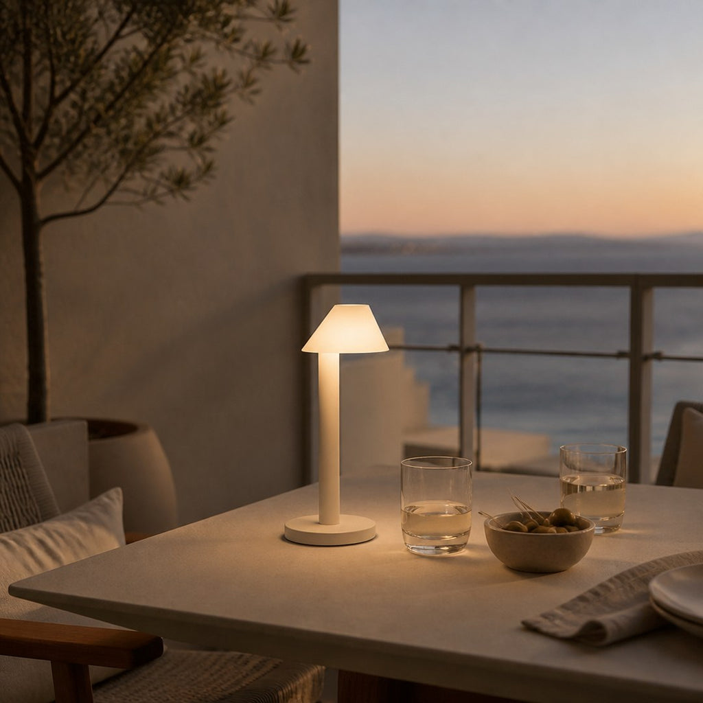 Rechargeable Table Lamp on a balcony table at dusk
