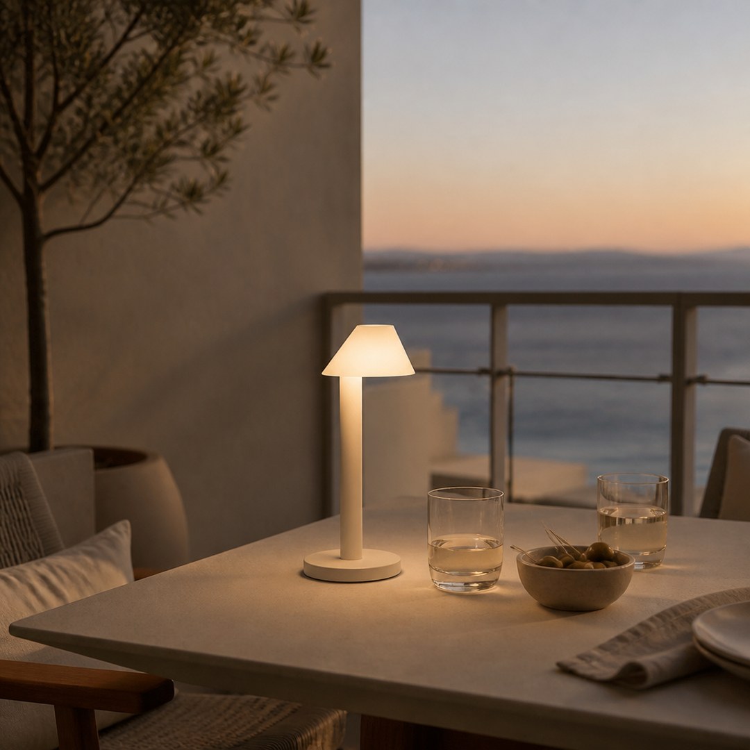 Rechargeable Table Lamp on a balcony table at dusk