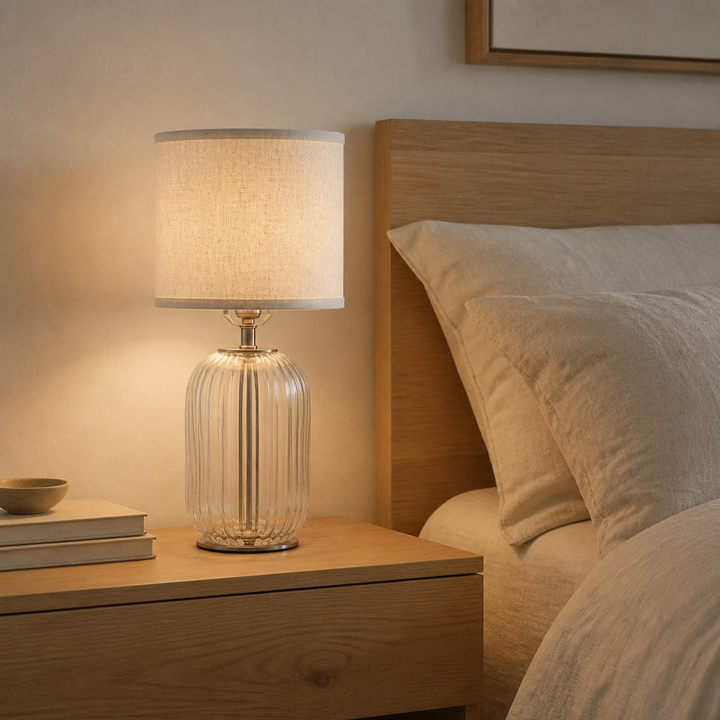 Ribbed Glass Table Lamp on a bedside table