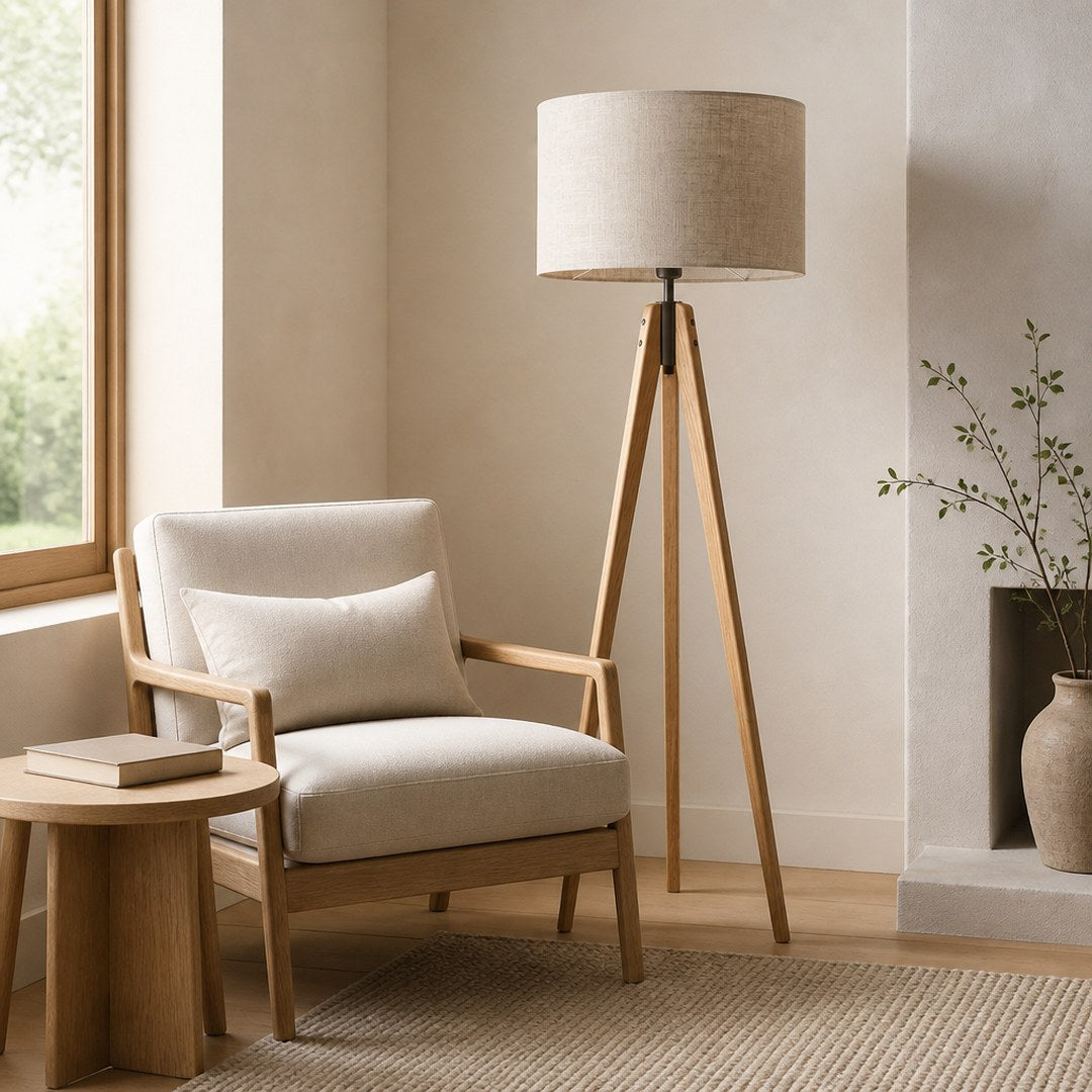 Wood Tripod Floor Lamp beside a reading chair