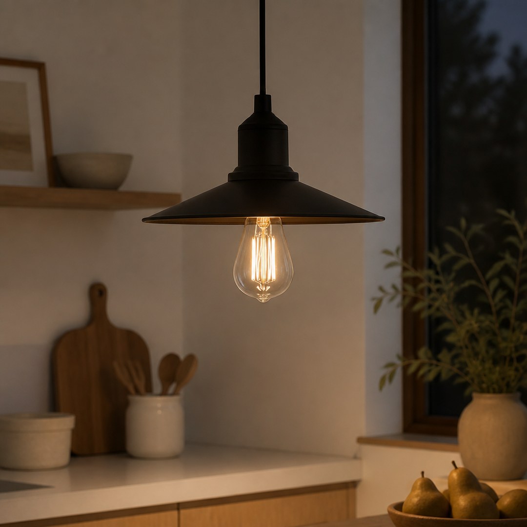 Warm dimmable bulb in a pendant over a kitchen counter