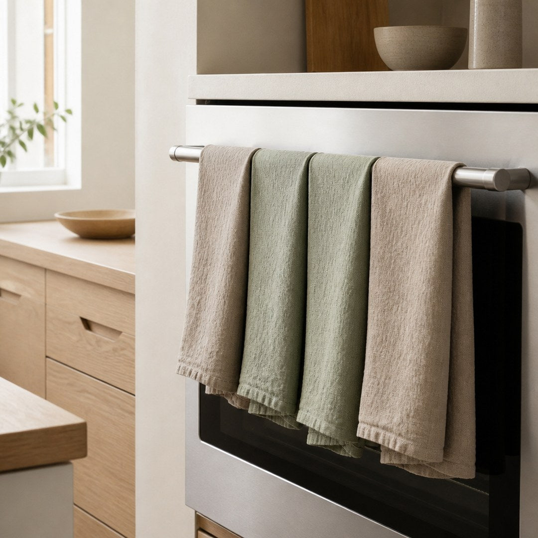 Linen tea towels hanging on an oven handle bar