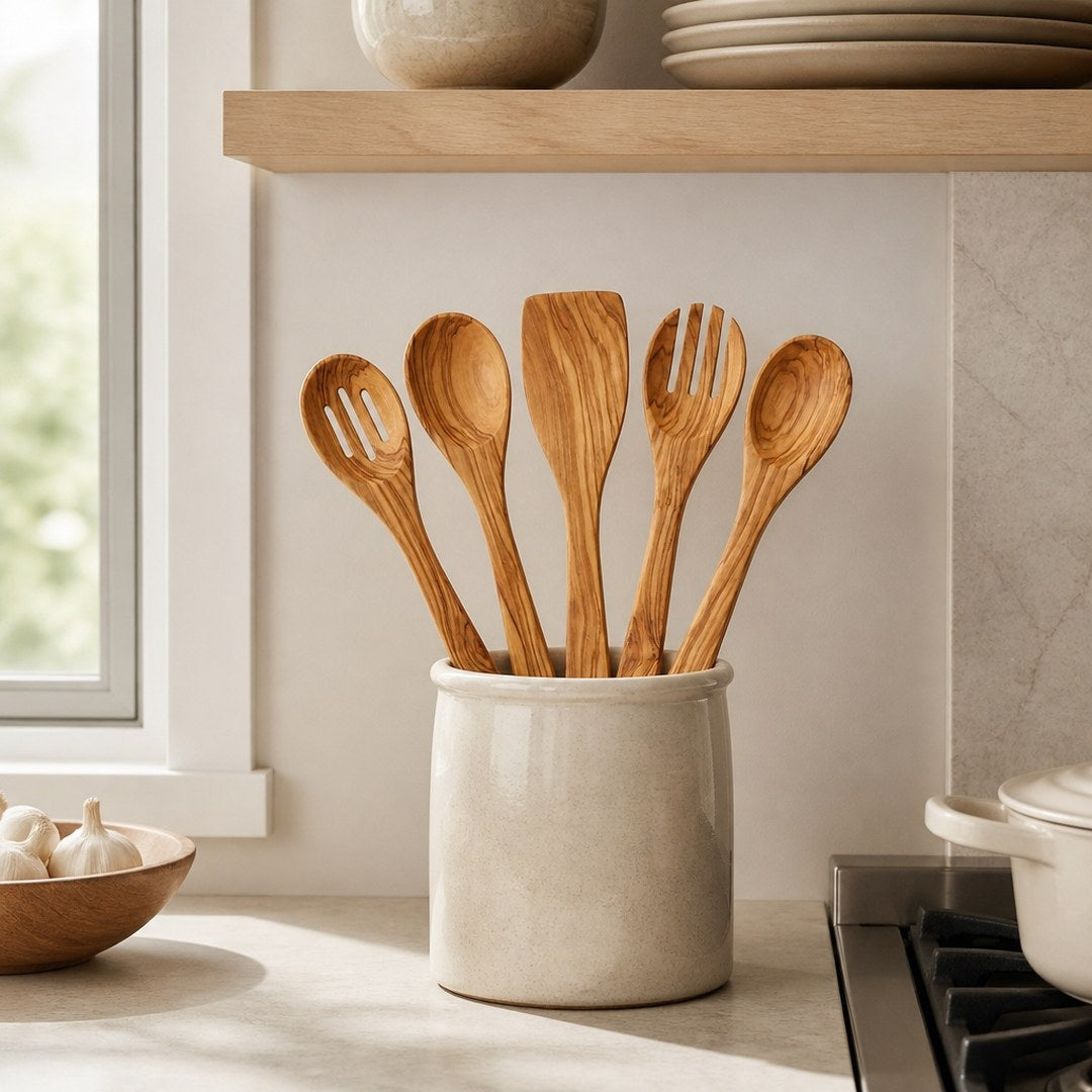 Olive wood utensil set in a crock beside the stove