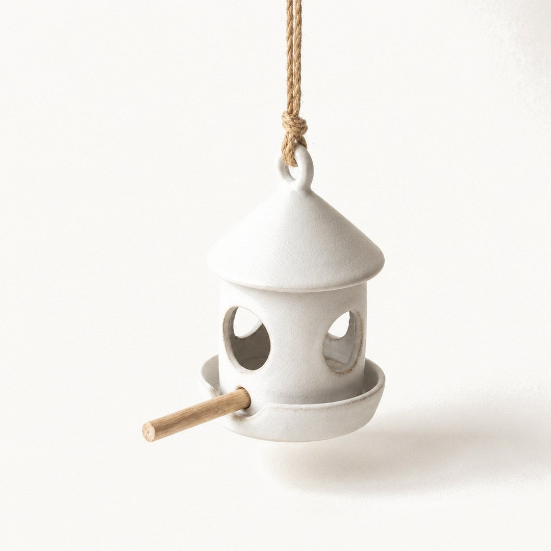 Ceramic bird feeder showing the feed opening and cord attachment