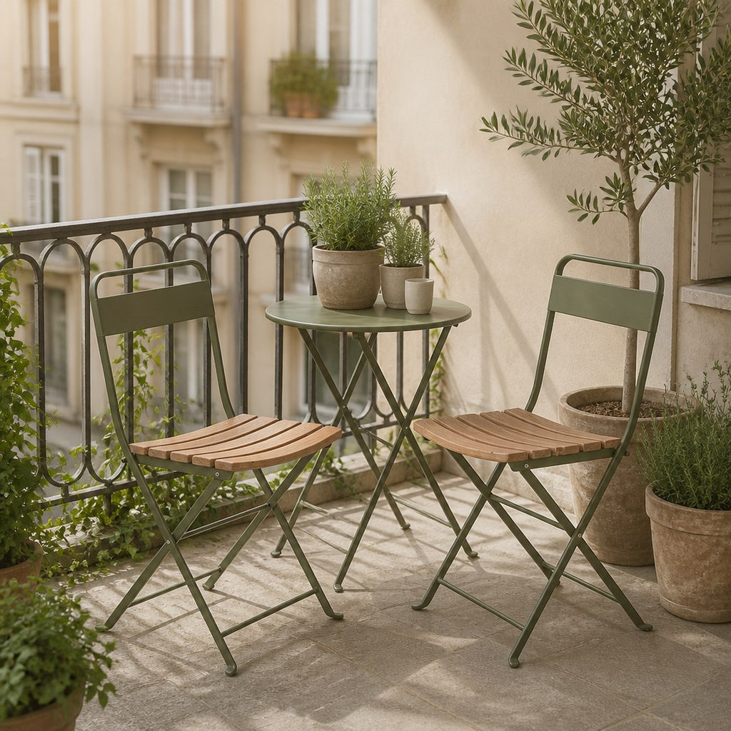 Folding bistro chairs around a small table on a balcony
