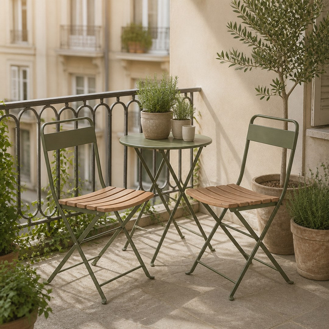 Folding bistro chairs around a small table on a balcony