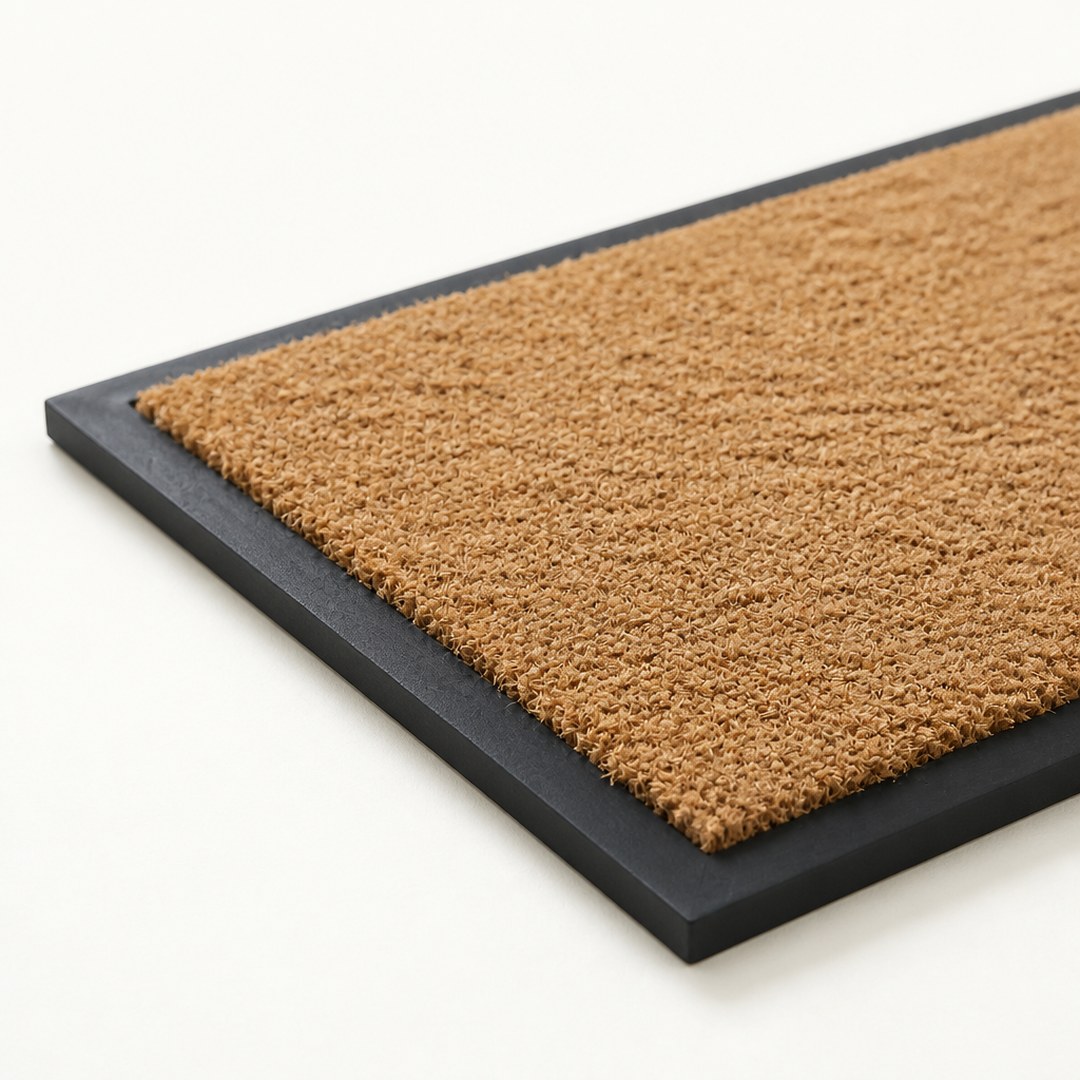 Corner detail of the coir doormat bristles and bound edge