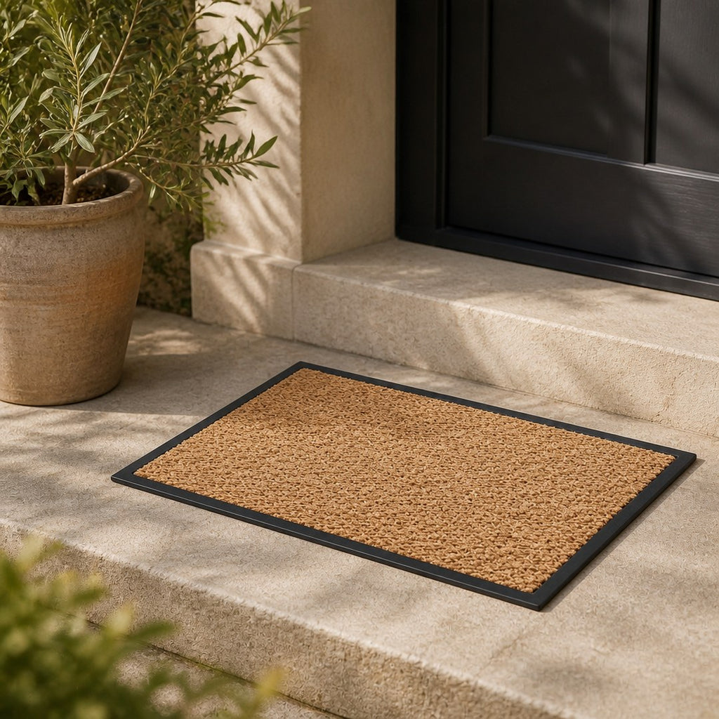 Coir doormat on a stone step at a front entry door