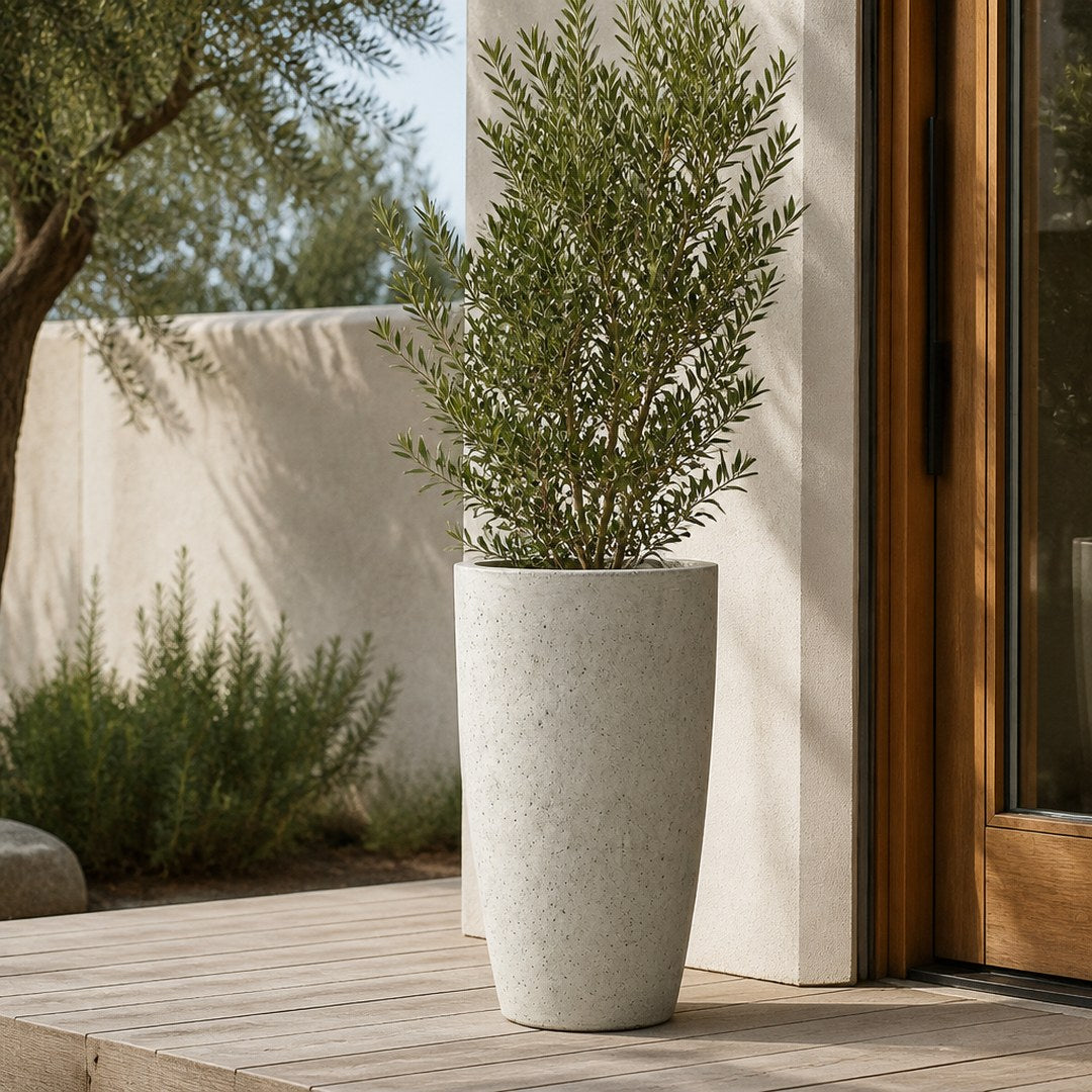 Tall concrete planter on a wooden deck beside a doorway