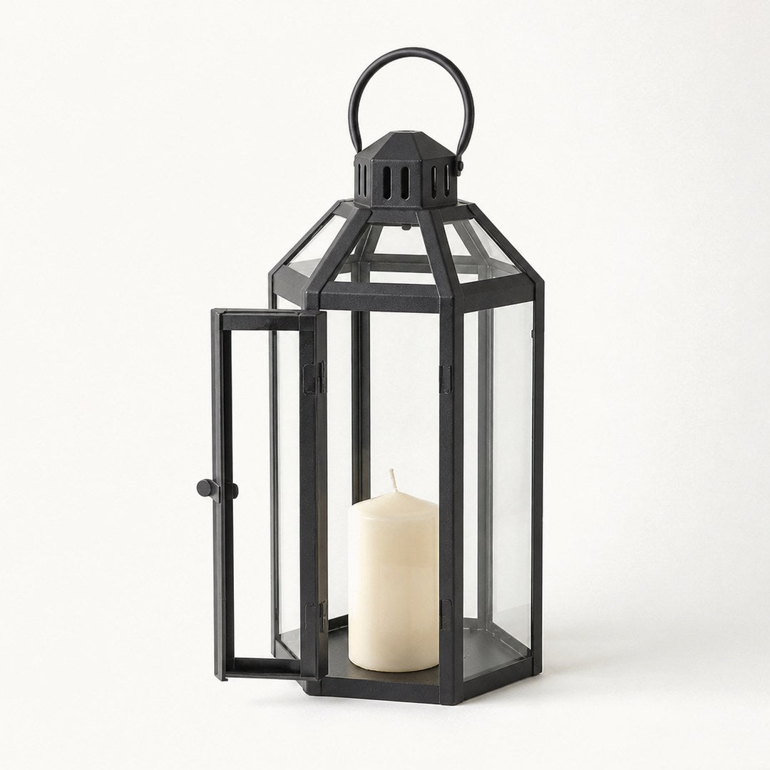 Glass garden lantern with the hinged door open