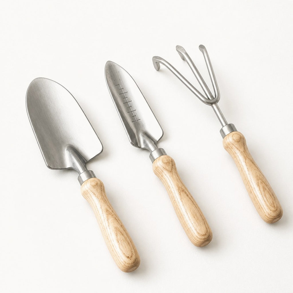 Close view of the garden trowel head and wooden handle ferrule
