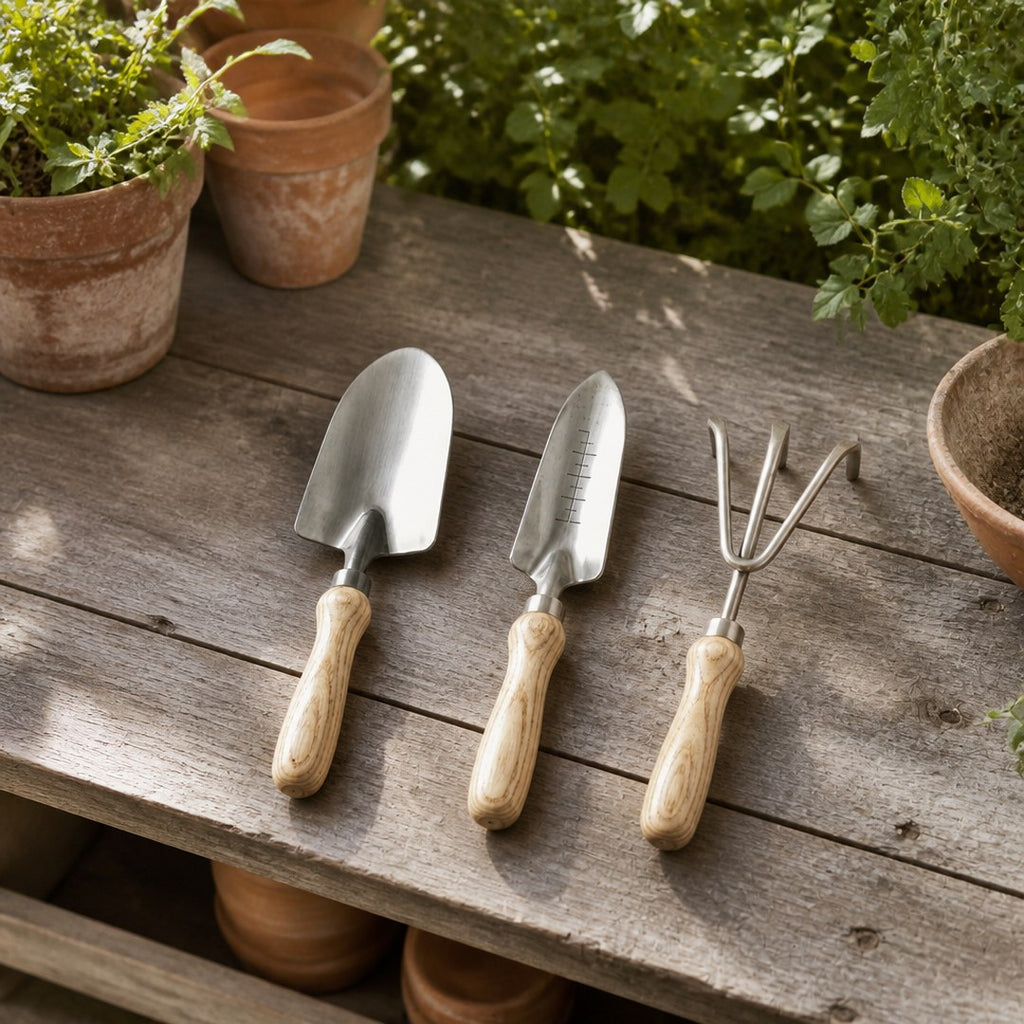 Garden tool set laid out on a wooden potting bench
