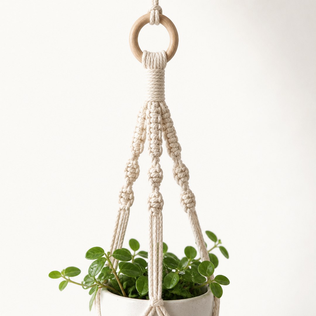 Close-up of the hanging planter knotted rope and pot rim