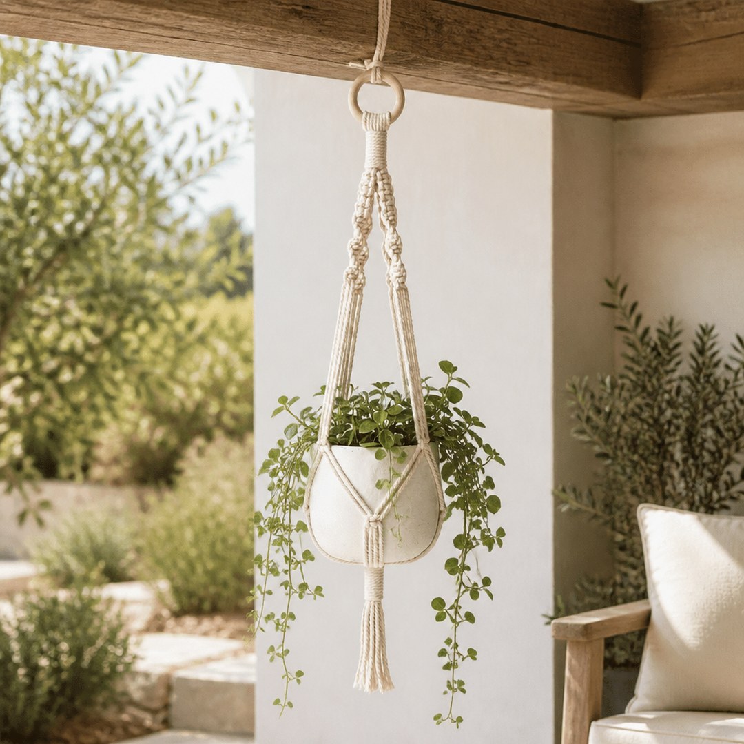 Hanging rope planter suspended from a porch beam with foliage