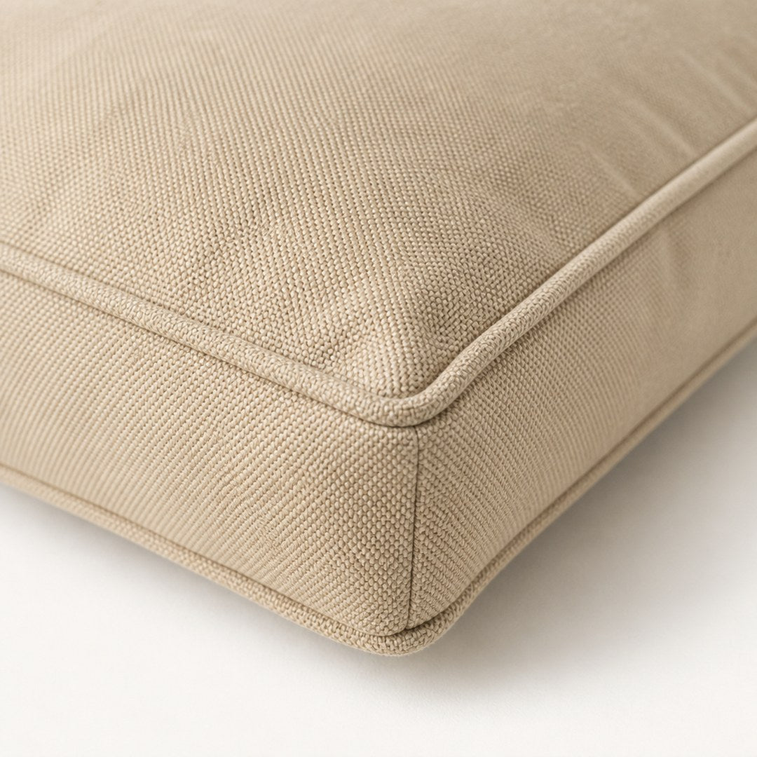 Corner detail of the outdoor cushion piping and woven fabric