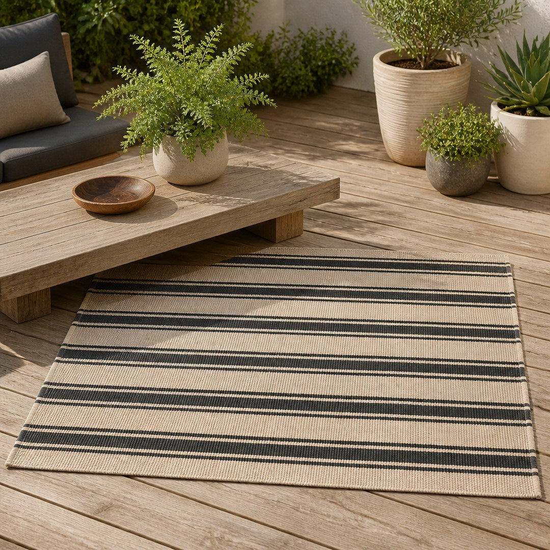 Flatweave outdoor rug laid on a wooden deck under a low table
