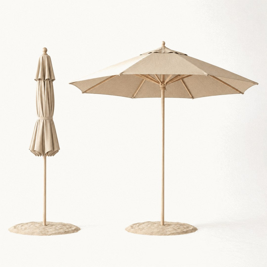 Canvas patio umbrella shown closed beside the same umbrella open