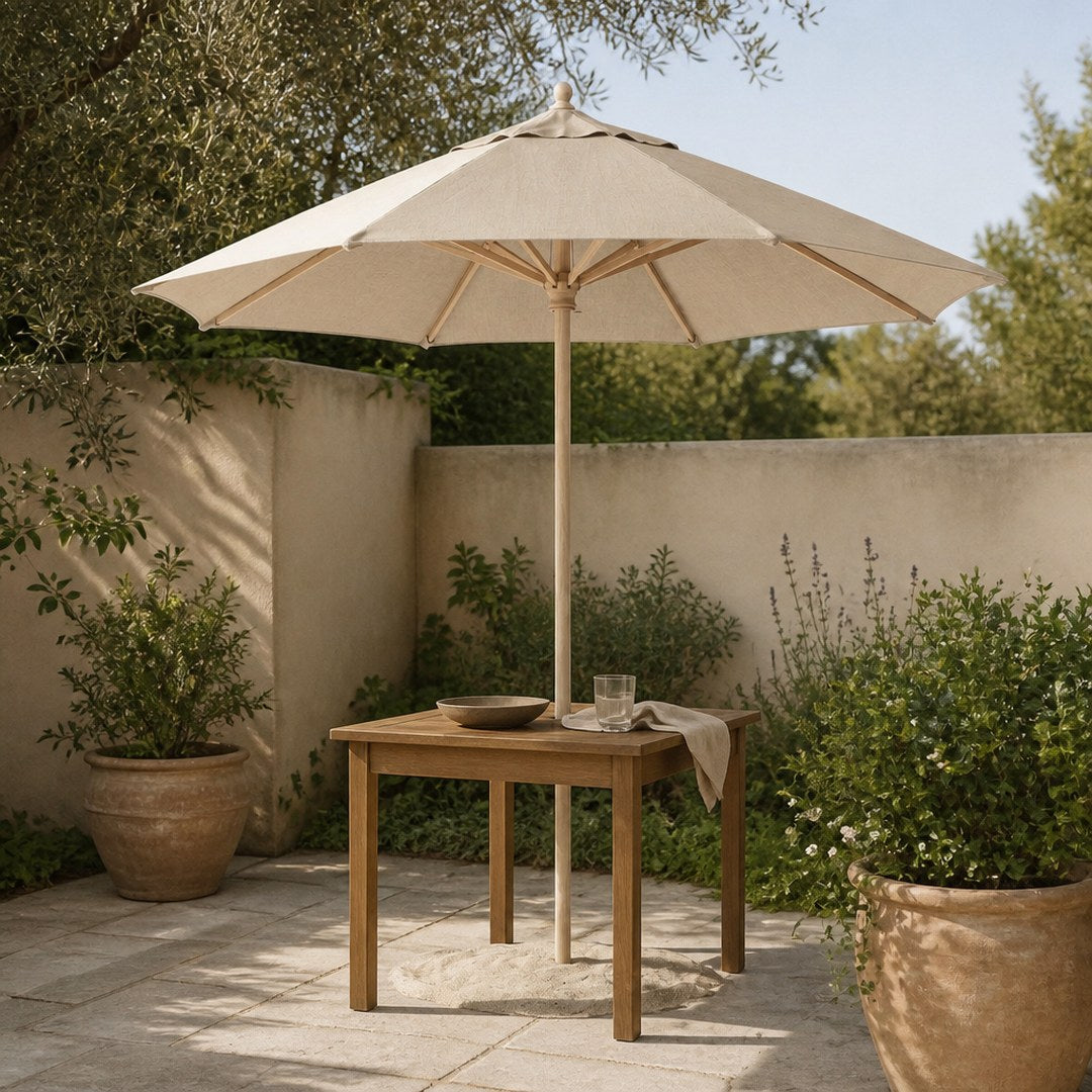 Canvas patio umbrella open over a table on a stone patio