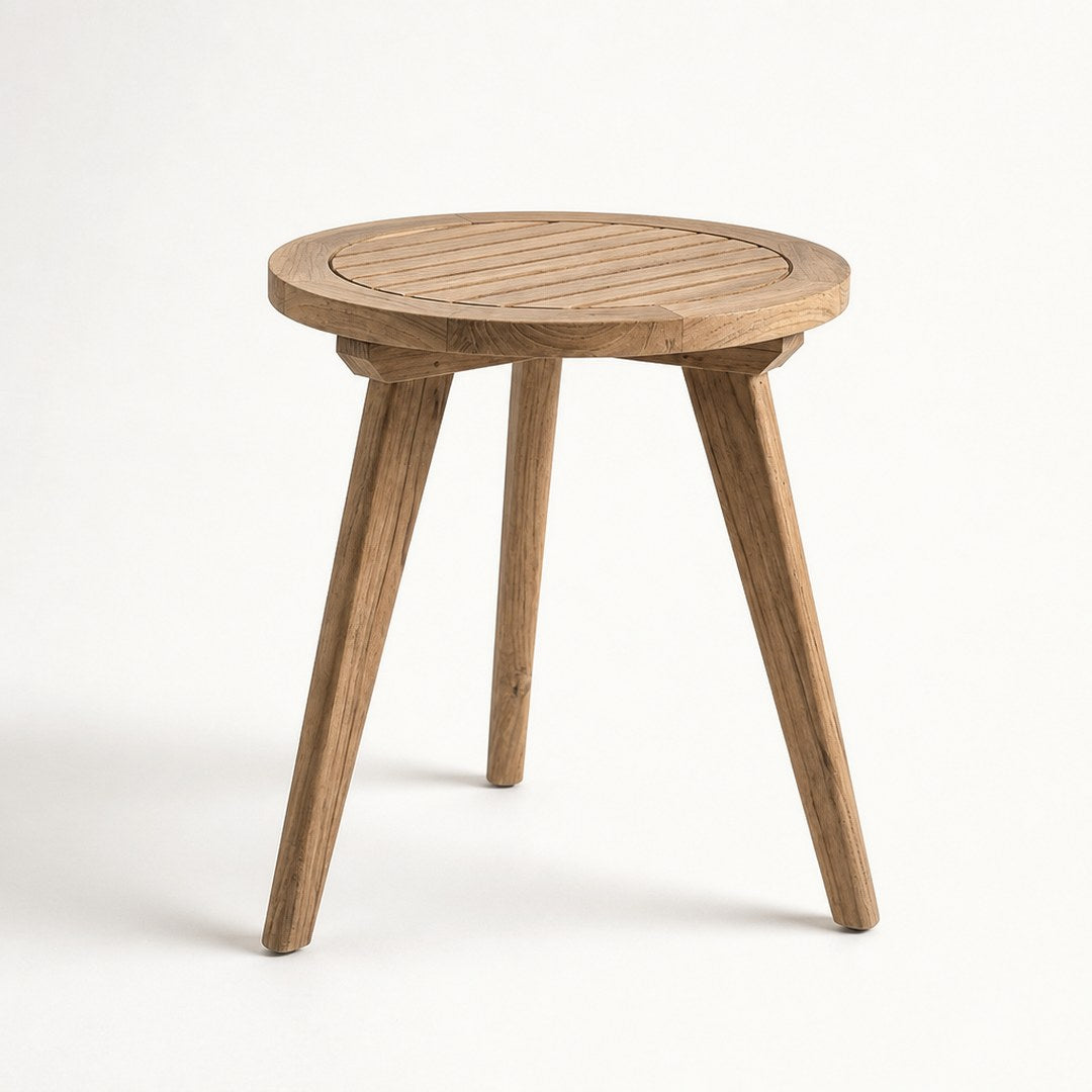 Outdoor plant stand from below showing splayed legs and joinery