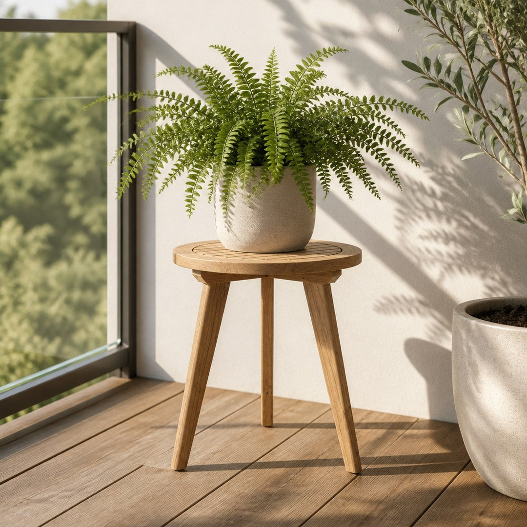 Outdoor plant stand holding a potted fern on a balcony