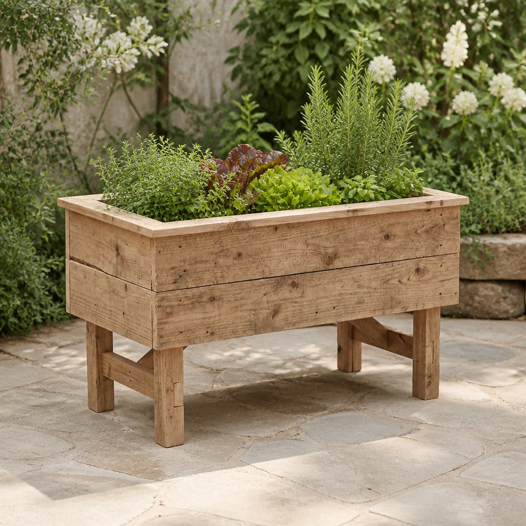 Raised cedar planter on a stone patio planted with herbs