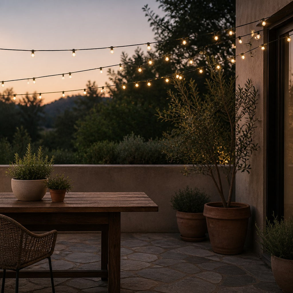 Solar string lights glowing over a patio table at dusk